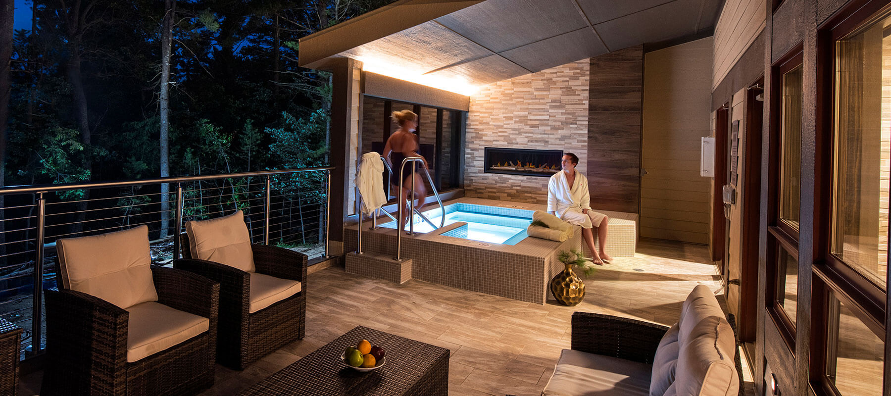 Retreat accommodation with private hot soak. Evening.