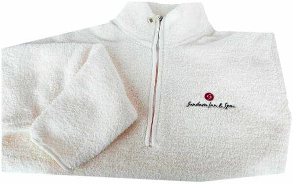 sundara white fleece jacket with logo
