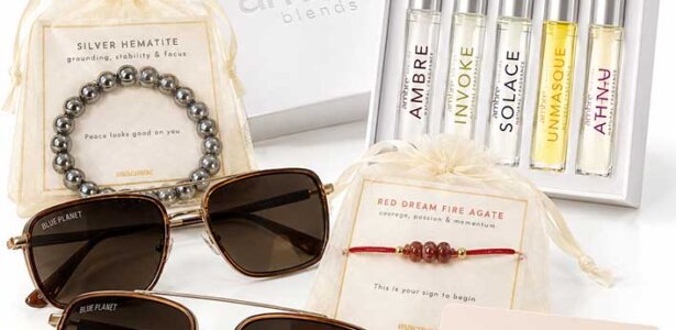 $100 Binka Gift Card, 1 - Silver Hematite Stone Bracelet and 1 - Red Dream Fire Agate Bracelet, 2 pairs of Sunglasses & Ambre Blends Five 12ml Gift Set (Ambre, Ahnu, Invoke, Solace, and Unmasque)